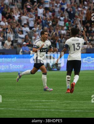 Vancouver, Vancouver, C.-B., Canada. 8 juin 2025. Match de saison régulière de la MLS Vancouver Whitecaps FC vs Seattle Sounders FC Vancouver Whitecaps L'attaquant Daniel Rios (14) célèbre avec vos équipes le 2e but contre Seattle Sounders FC à BC place le 8 juin 2025 à Vancouver, Canada.(photo par Tomaz Jr/Pximages) (crédit image : © Tomaz Jr/PX Imagens via ZUMA Press Wire) USAGE ÉDITORIAL SEULEMENT ! Non destiné à UN USAGE commercial ! Banque D'Images