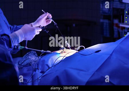 LK Osnabrück, Deutschland 30. Januar 2023 : Im Bild : Der Operateur, in steriler OP-Kleidung und mit chirurgischen Handschuhen, setzt durch kleine, präzise Hautschnitte in der Bauchdecke des Patienten die Kameraoptik und spezielle Instrumente ein. Diese minimalinvasiven Zugänge ermöglichen es, den Eingriff schonend und mit geringer Traumatisierung des Gewebes durchzuführen. Die Kameraoptik liefert Live-Bilder auf Monitore, während die spezialisierten Instrumente die chirurgischen Manöver im Körper des Patienten ausführen. Die Szene verdeutlicht die Präzision, technologische raffinesse und Expert Banque D'Images