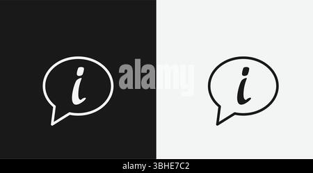 Icône contour blanc bulle d'information avec le symbole « i » sur fond noir et blanc, représentant des informations ou de l'aide Illustration de Vecteur