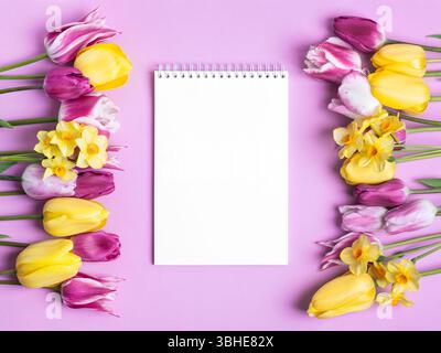 Cahier en papier ouvert avec page vide avec tulipes violettes et jaunes et jonquilles jaunes sur fond violet. Vue de dessus, pose plate, espace de travail sur fond violet. Banque D'Images