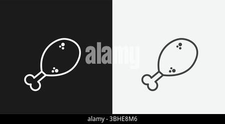 Icône White Outline Chicken Leg ou Drumstick sur fond noir et blanc, représentant la nourriture ou le repas Illustration de Vecteur