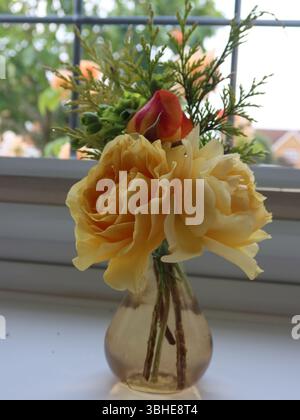 Un simple posy de roses jaunes et oranges disposées dans un petit vase en verre coloré sur le rebord de la fenêtre, tandis que le rosier peut être vu pousser à l'extérieur. Banque D'Images
