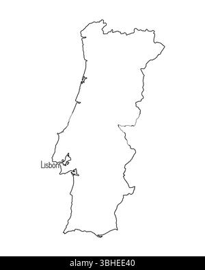 Portugal carte de pays détaillée ligne de frontière précise simple illustration vectorielle dessinée à la main, modèle vierge avec la capitale de Lisbonne pour la conception, Illustration de Vecteur