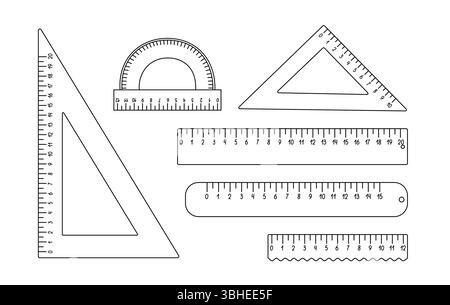 Jeu de règles d'école, triangulaire, rapporteur instrument de mesure pour les leçons de mathématiques illustration vectorielle dessinée à la main, retour à l'école vocabulaire obj Illustration de Vecteur