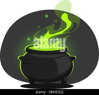 Chaudron magique en métal de breuvage magique bouillant. Laboratoire de sorcellerie. Pot de fantaisie avec fumée toxique. Chaudière de sorcellerie et d'alchimie. Laboratoire de chimie. Mauvais ess Illustration de Vecteur