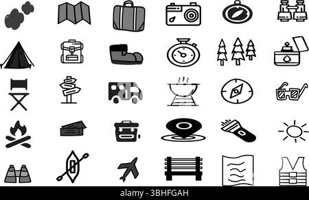 Ensemble d'icônes de camping et d'aventure en plein air, pictogrammes de glyphe vectoriel, randonnée, tente, sac à dos, exploration en pleine nature Illustration de Vecteur