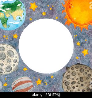 Cadre rond avec planètes volantes et soleil dans l'espace parmi les étoiles, illustration d'aquarelle dessinée à la main, dessin animé. Espace, espace extra-atmosphérique, fusée, navire, astronomie Banque D'Images