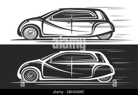 Logo vectoriel pour voiture urbaine électrique, bannières automobiles monochromes avec illustration d'art clip contour de voiture concept budget en mouvement, illustration de runni Illustration de Vecteur