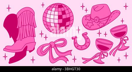 Ensemble d'éléments de fête de cowgirl disco rose - boule miroir scintillante, bottes occidentales frangées, ruban décoratif, fer à cheval, chapeau à motif étoile, verres à vin attachés avec des arcs. Icônes de célébration de la musique country rétro Illustration de Vecteur