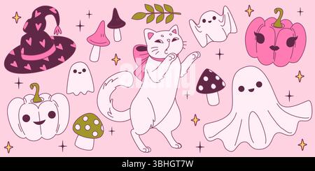 Collection Halloween coquette rose - chapeau de sorcière avec des coeurs, champignons colorés, branche de feuille d'automne, chat blanc portant un arc, fantômes mignons, citrouille jack o lanternes avec des visages, étoiles dispersées autour. Illustration de Vecteur