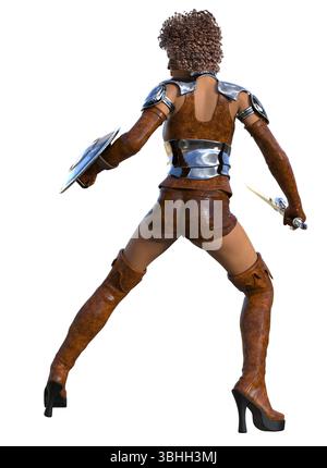Rendu 3D d'une puissante guerrière à la peau foncée aux cheveux bouclés en armure, tenant une épée et un bouclier. Combattant féminin féroce, pose de combat, visage tribal Banque D'Images