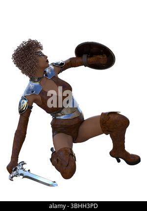 Rendu 3D d'une puissante guerrière à la peau foncée aux cheveux bouclés en armure, tenant une épée et un bouclier. Combattant féminin féroce, pose de combat, visage tribal Banque D'Images