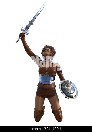 Rendu 3D d'une puissante guerrière à la peau foncée aux cheveux bouclés en armure, tenant une épée et un bouclier. Combattant féminin féroce, pose de combat, visage tribal Banque D'Images