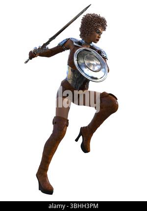 Rendu 3D d'une puissante guerrière à la peau foncée aux cheveux bouclés en armure, tenant une épée et un bouclier. Combattant féminin féroce, pose de combat, visage tribal Banque D'Images