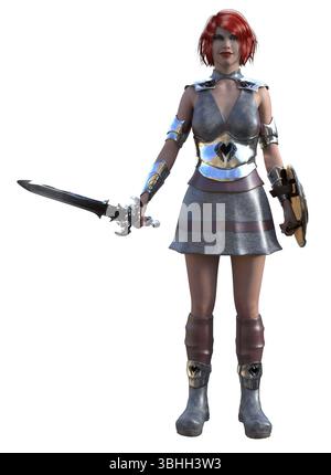 Illustration 3D d'une guerrière féroce aux cheveux roux en armure, brandissant une épée et un bouclier. Position forte, scène de bataille fantastique, combat médiéval, guerre Banque D'Images