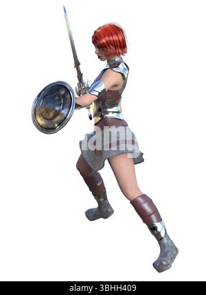 Illustration 3D d'une guerrière féroce aux cheveux roux en armure, brandissant une épée et un bouclier. Position forte, scène de bataille fantastique, combat médiéval, guerre Banque D'Images