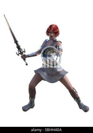 Illustration 3D d'une guerrière féroce aux cheveux roux en armure, brandissant une épée et un bouclier. Position forte, scène de bataille fantastique, combat médiéval, guerre Banque D'Images