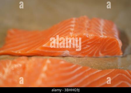 Filets de saumon crus frais sur papier parchemin Banque D'Images