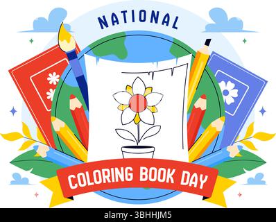 Illustration vectorielle de la Journée nationale du livre de coloriage pour le 2 août mettant en vedette des crayons de couleur ou des crayons utilisés pour dessiner des activités dans un fond plat Illustration de Vecteur