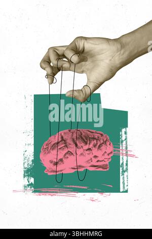 Conception de modèle d'illustration de tendance de collage 3D composite de manipulation de corde de main de solution cérébrale idée créative brainstorming Genius Banque D'Images