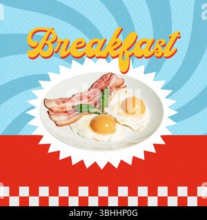 Design artistique rétro. Oeufs ensoleillés avec bacon croustillant, herbes et épices servis sur assiette sur fond de rayons graphiques avec titre audacieux petit déjeuner. Banque D'Images