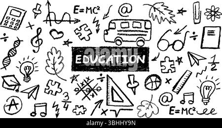 L'école de charbon de bois gribouille sur fond de tableau noir. Icônes amusantes dessinées à la main pour les thèmes de la rentrée scolaire. Mignon crayon de cire pastel noir d'éducation enfantine Illustration de Vecteur