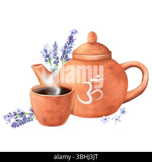 Théière en terre cuite et une tasse de thé avec des brindilles de lavande pour l'équilibre énergétique du chakra de la couronne Sahasrara. Clipart cicatrisant aromathérapie. Wat. Dessiné à la main Banque D'Images