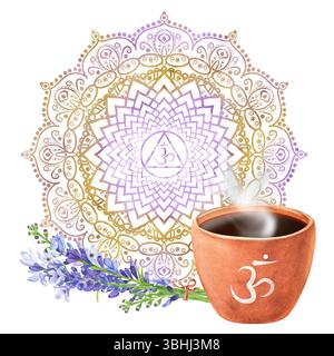 Élégant motif mandala lilas doré avec chakra sahasrara couronne au centre et une tasse de thé à la lavande avec des lettres sanskrites et des brindilles. Energy balan Banque D'Images