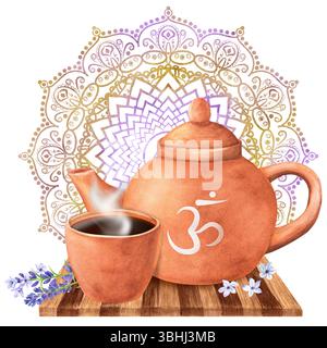 Thé à la lavande dans une théière en terre cuite et une tasse pour l'équilibre énergétique du chakra couronne Sahasrara. Motif de mandala indien ethnique. Clipart cicatrisant aromathérapie. Banque D'Images