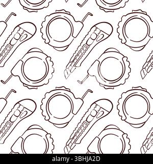 Modèle sans couture avec couteau utilitaire et ruban à mesurer dans le style d'art au trait sur fond blanc. Parfait pour l'emballage de magasin de construction, sur le thème de l'outil Illustration de Vecteur