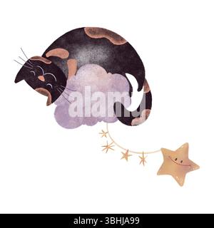 Illustration numérique dessinée à la main d'un chat noir mignon dormant sur des nuages de rêve avec des étoiles. Texture aquarelle, parfaite pour les livres pour enfants, pépinière de Banque D'Images