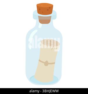 Un rouleau roulé flotte à l'intérieur d'une bouteille en verre transparent scellée avec du liège créant un message nostalgique visuel de voyage Illustration de Vecteur