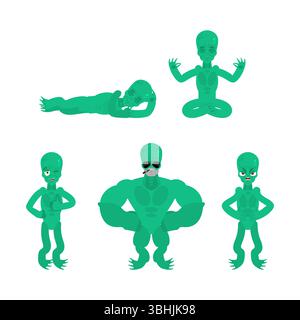 Mouvements extraterrestres définis. OVNI dormant et en colère. Space envahader vert surpris et triste Illustration de Vecteur