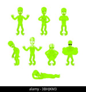 Mouvements extraterrestres définis. OVNI dormant et en colère. Space envahader vert surpris et triste Illustration de Vecteur