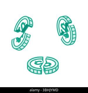Jeu de pièces d'un dollar fissurées. Illustration vectorielle isométrique dans le style de contour. Symbole du krach économique, de la crise financière et de l'instabilité monétaire. Illustration de Vecteur