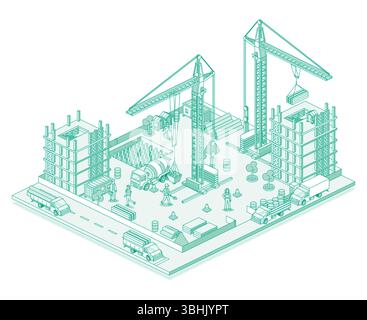 Chantier de construction actif avec grues, ouvriers, constructeurs et gratte-ciel en développement. Procédé de construction. Illustration vectorielle. Style dessin au trait. I Illustration de Vecteur