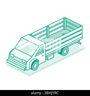 Camion de fret rural à contour isométrique avec côtés de piquet en bois. Agriculture, logistique villageoise et transport agricole. Style dessin au trait. Charge moyenne Illustration de Vecteur