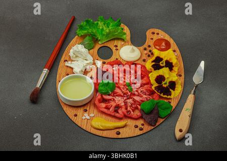 Tomate héritée tranchée avec feta, herbes, fleurs comestibles et sauces sur une palette d'artistes en bois, stylisée avec pinceau et couteau à palette. Concre de pierre sombre Banque D'Images