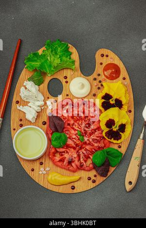 Tomate héritée tranchée avec feta, herbes, fleurs comestibles et sauces sur une palette d'artistes en bois, stylisée avec pinceau et couteau à palette. Concre de pierre sombre Banque D'Images