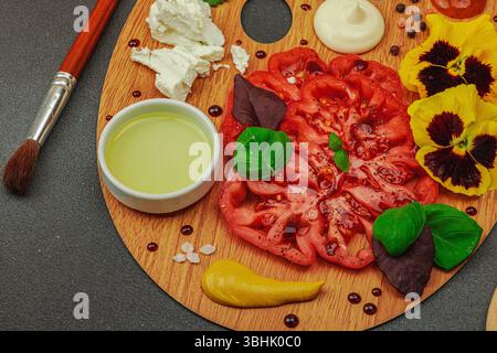 Tomate héritée tranchée avec feta, herbes, fleurs comestibles et sauces sur une palette d'artistes en bois, stylisée avec pinceau et couteau à palette. Concre de pierre sombre Banque D'Images