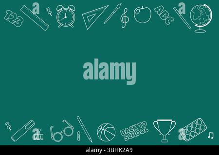 Fond vectoriel sous la forme d'un tableau noir scolaire avec des fournitures scolaires dessinées sur les bords et un espace vide pour le texte. Illustration de Vecteur