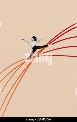 Modèle d'illustration de tendance collage 3D de corde de ligne illustration jeune dame ballerine danse saut grâce flexibilité chorégraphie de ficelle Banque D'Images