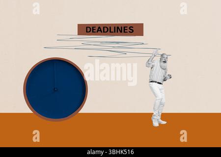 3d esquisse poster tendance art collage de vieux joyeux homme d'affaires date limite horloge expiration limite compte à rebours concept de calendrier Banque D'Images