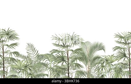Décor tropical paisible : impression de bordure horizontale vert délavé de la forêt de palmiers Banque D'Images