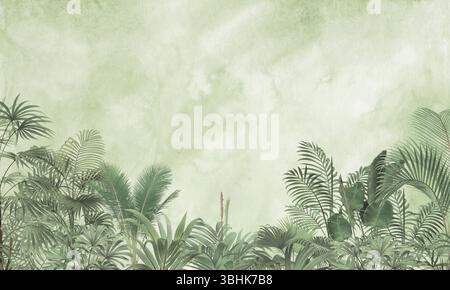 Décor paisible : plantes tropicales vert clair Seamless texture Art Banque D'Images