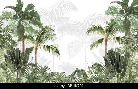 Mur mural botanique minimaliste : fond de paysage de jungle vert clair Banque D'Images