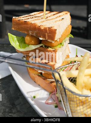 Savoureux sandwich doigt de poisson avec frites et salade sur une assiette blanche. Banque D'Images