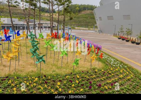 Muju, Corée du Sud. 1er mai 2019 : roues à épingles colorées et fleurs dans la pelouse taillée du centre de formation de la Fédération mondiale de taekwondo Banque D'Images