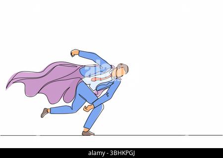 Simple ligne continue dessinant superhéros homme d'affaires poinçonnant à travers le problème. Élimination des obstacles. Motivation pour gagner, leadership fiable. Illustration de Vecteur