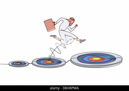 Ligne continue unique dessinant homme d'affaires arabe sautant sur une cible plus grande, avec succès. Avancement dans la carrière ou concept de croissance d'entreprise. Aspiration a Illustration de Vecteur